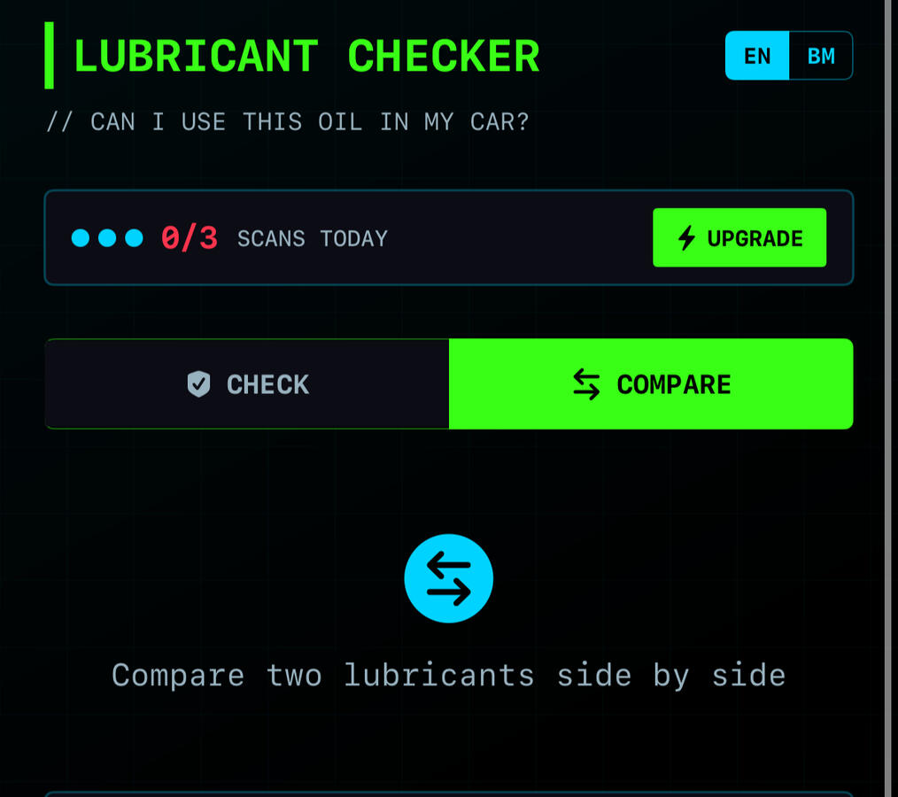 Compare two lubricants side-by-side. See which performs better for your specific vehicle with detailed scores. • Head-to-head scoring • Category breakdown • Clear winner