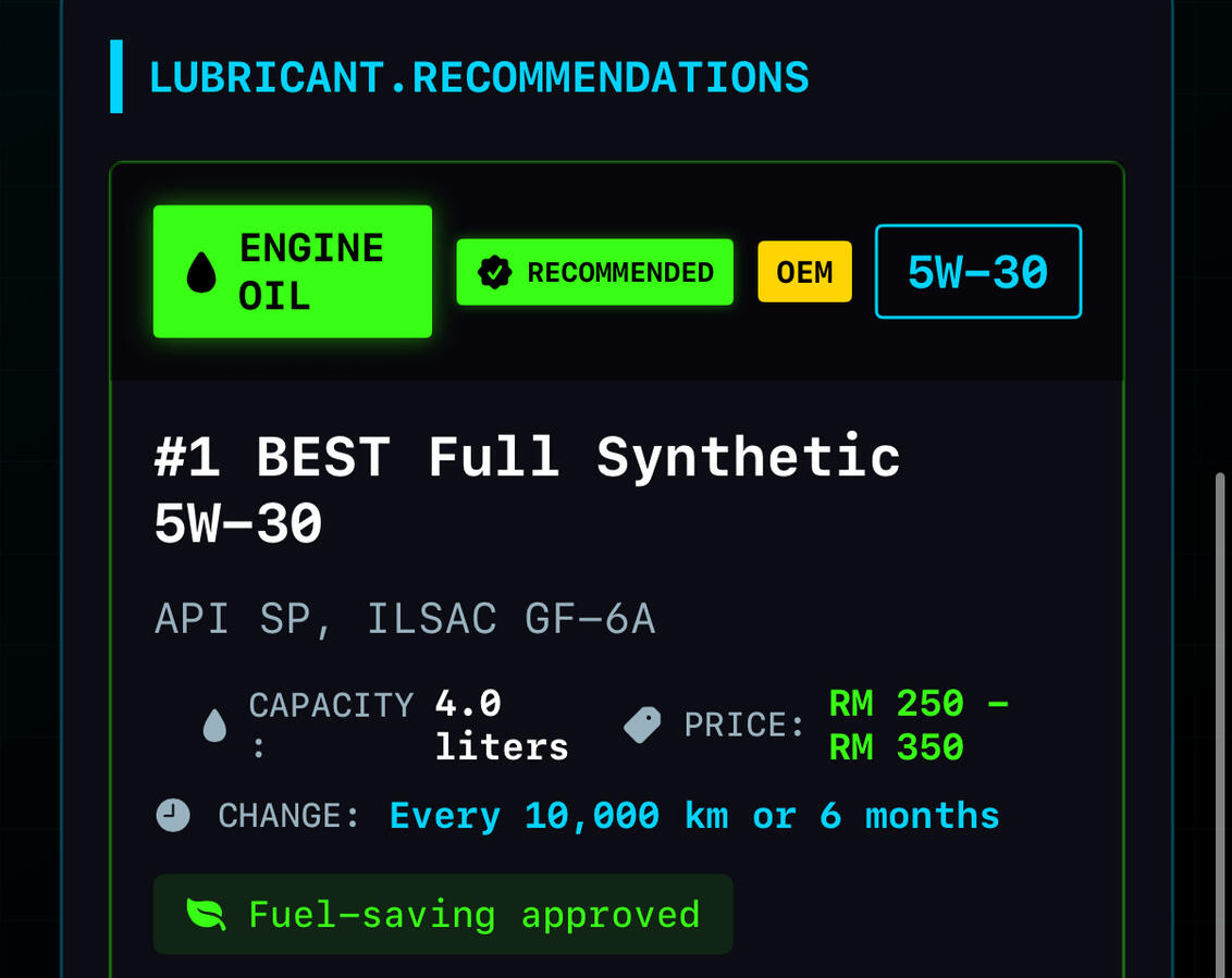 nter any lubricant name and get an instant verdict: Recommended, Acceptable, or Not Suitable for your car. • Clear yes/no answers • Simple explanations • Bilingual (EN/BM)